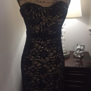 Black and Nude Lace Strapless Maxi Dress